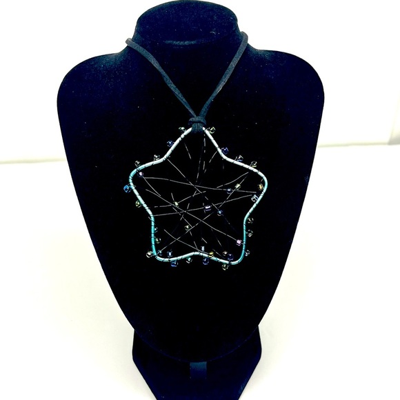 Handmade Star Pendant Necklace with Iridescent Beads on a Black Leather Cord - Picture 1 of 2